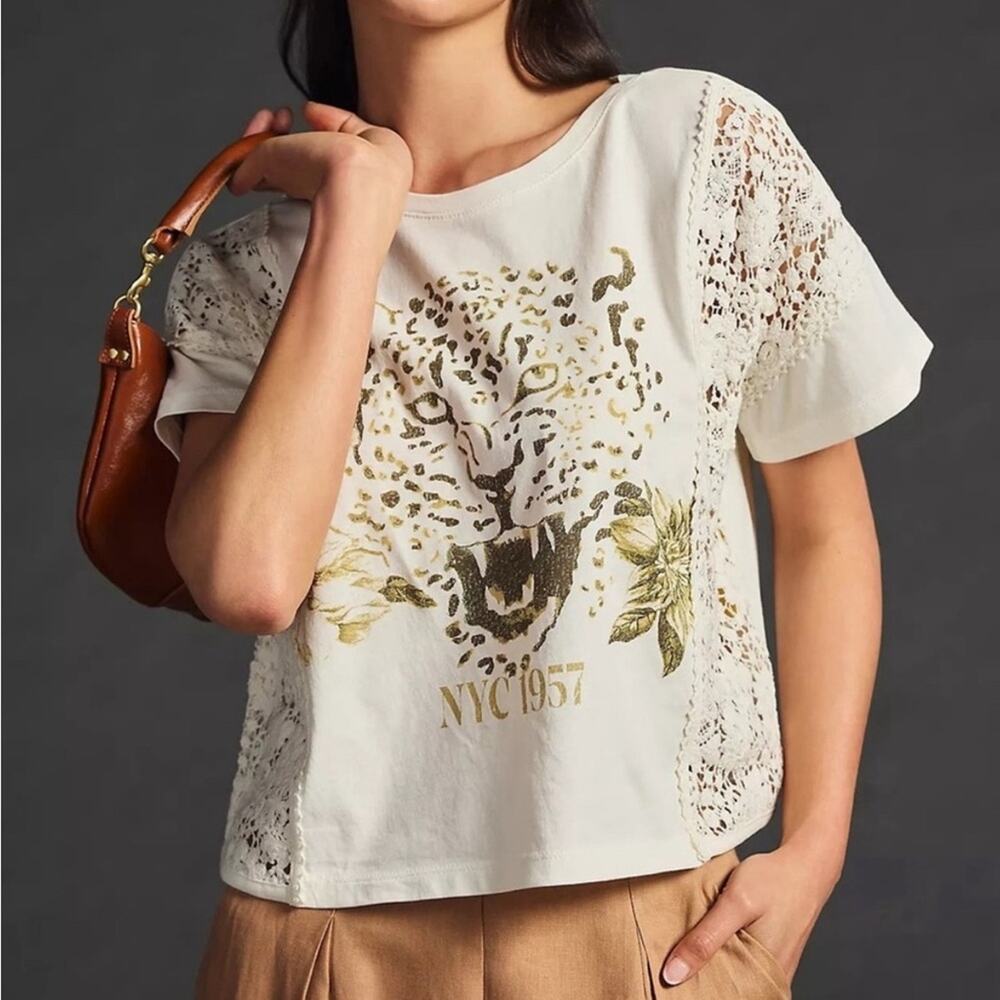 Pilcro Leopard Print Graphic T-Shirt Crochet Crew Short Sleeves Cotton Medium - Picture 6 of 6
